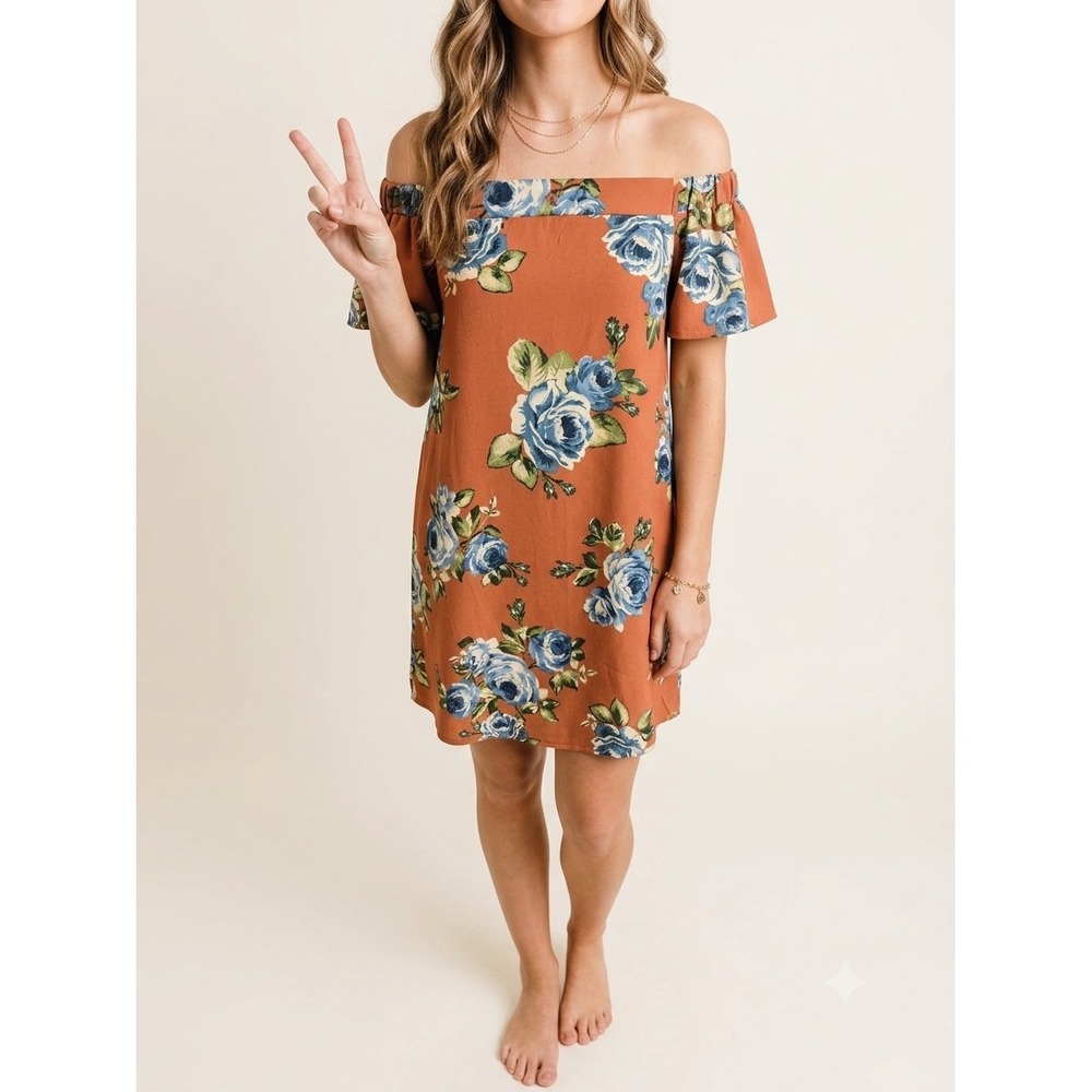 Altar'd State Rust Floral‎ Off The Shoulder 'Bannock' Floral Mini Dress Small